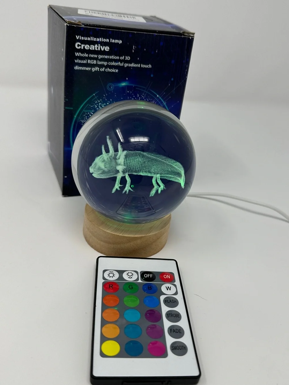 Axolotl 3D Visualization Lamp - glass Globe with Wooden Base